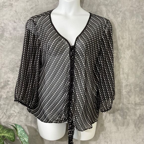 CHICO'S women 3 -XL black white Polka Dot sheer tie front poly blouse button up - Picture 1 of 13